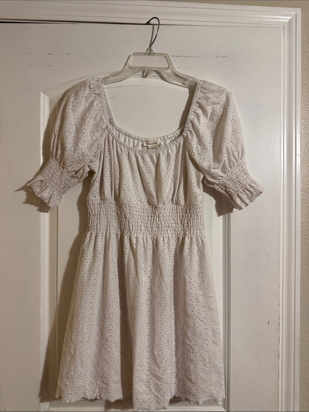 URBAN Romantics White Eyelet Smocked-Waist Puff Sleeve Dress
